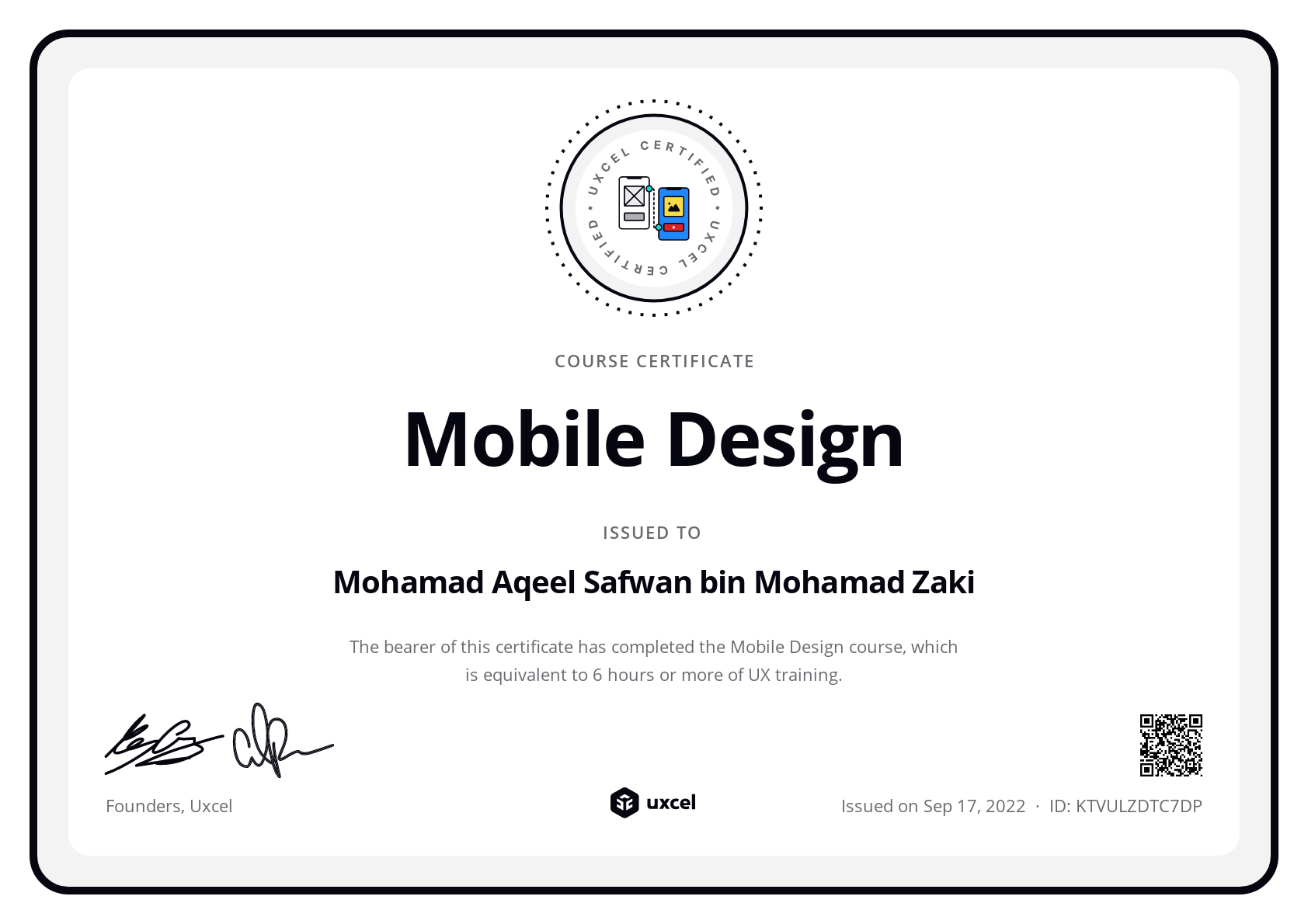 Mohamad Aqeel Safwan bin Mohamad Zaki's certificate